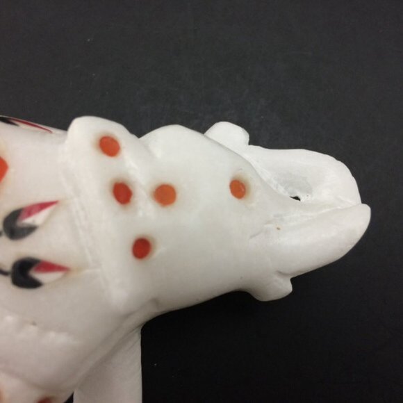 White Marble Elephant Figurine with Stone Inlay Floral Motif Trunk Up Handmade - Picture 14 of 16